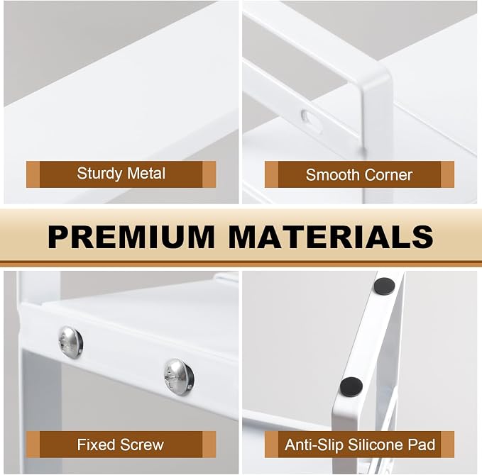 Small Expandable Medicine Cabinet Shelf, 3.58” Wide Metal Storage Stand with Adjustable Layers & Non-Slip Pads for Kitchen, Pantry, & Bathroom – White