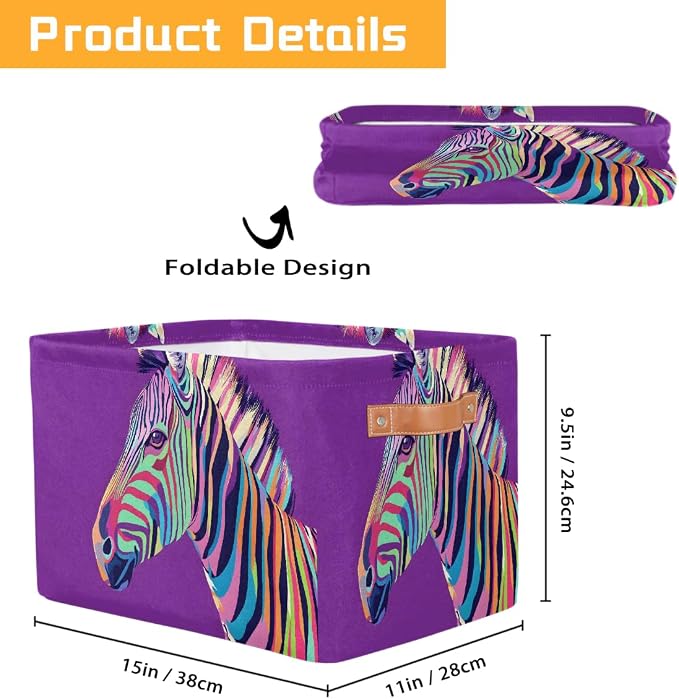 Pardick Storage Baskets Bin, Animal Zebra Collapsible Canvas Fabric Storage Bin Decorative Baskets Toy Organizer Rectangle Storage Boxes with Handles for Home Shelves Nursery,1Pack,A-1812