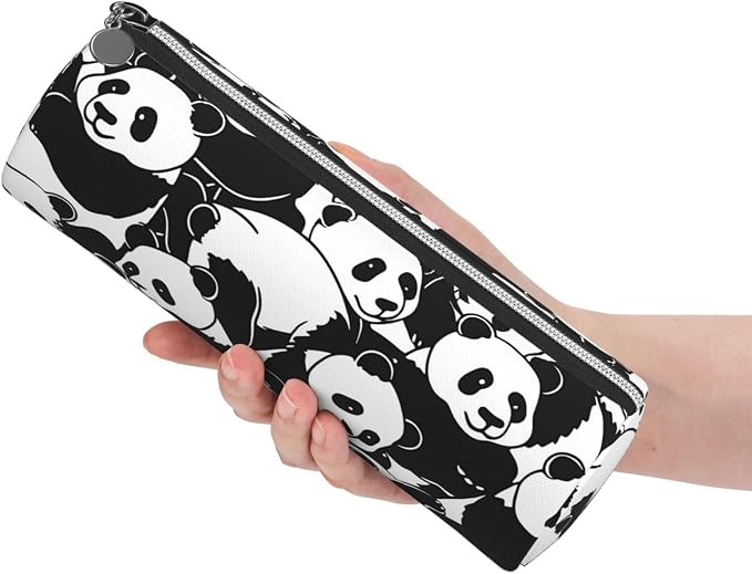 OSAM SPACE Leather Pencil Case Round Pencil Bag Cute Panda Pen Organizer Holder Portable Zipper Pouch Cute School Supplies for Girls Boys Study Office