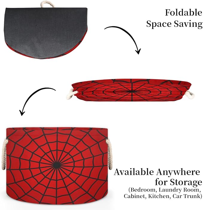 Red Spider Web Storage Baskets - Large Nursery Organizer Bin Box with Handles Collapsible Round Laundry Hamper for Kids Boy Toys Pet Blanket, Bedroom Living Room Home Decor Gift Basket (19.4"x13.3")