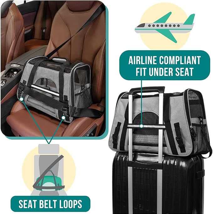 PetAmi Airline Approved Pet Carrier for Cats & Small Dogs, Large Light Gray | Soft Sided TSA Travel Bag, Sherpa Bed, Breathable Mesh Ventilation, Collapsible Bowl, Fits Under Seat, Up to 18 lbs