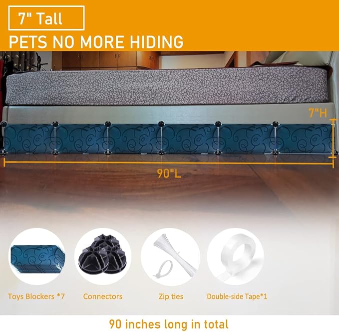 Under Bed Blocker for Pets, Gap Bumper for Under Bed, Stop Things Going Under Bed or Sofa Couch, Toys Blocker for Cats Dogs, Easy to Install, Total 7" Height 90" Length, Black