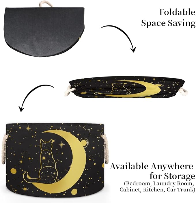 Storage Baskets - Moon Large Nursery Organizer Bin Box with Handles Collapsible Round Black Cat Laundry Hamper for Kids Boy Toys Pet Blanket, Bedroom Living Room Home Decor Gift Basket (19.4"x13.3")