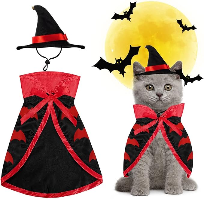 Estivaux Pet Halloween Costumes Dogs Cats Halloween Vampire Pets Costume Cape with Black Red Witch Hat Wizard Cats Cosplay Clothes Apparel for Small Dogs Cats Halloween Party Decorations