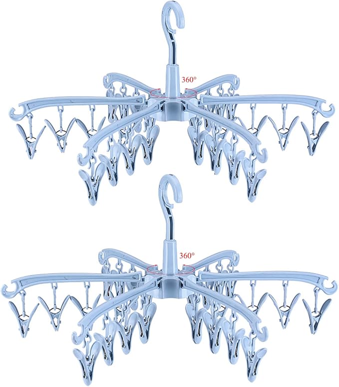 Clothes Drying Hanger with 24 Clips, Foldable Hanging Rack 2 Pack | for Drying Socks Lingerie Baby Clothes Drying Towels Rotatable Sock Drying Rack with 24 Pegs Clips(blue)