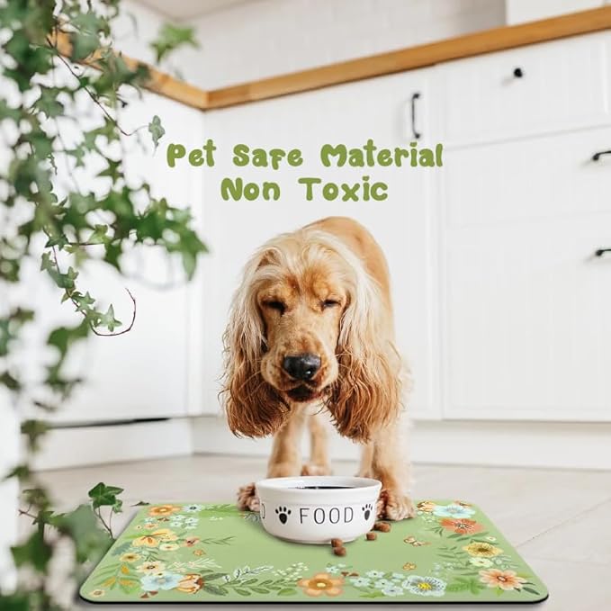 Dog Food Mats for Floors Waterproof, Pet Water Bowl Mats Pet Feeding Absorbent Placemats Flower 12 * 20 inch