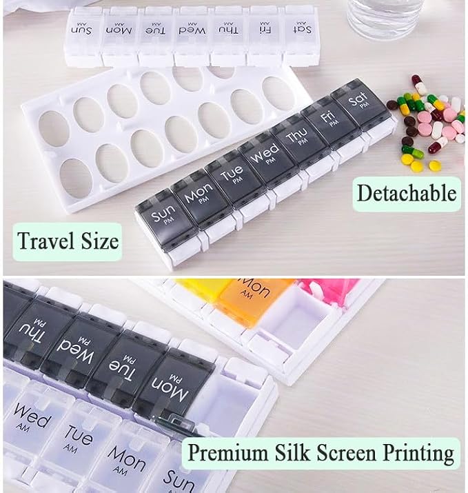 7-Day Portable Weekly Pill Case Daily Vitamin Medicine Box Planner | Travel Vitamin Organizer Dispenser, AM/PM, Large 14 Compartment Capsule Fish Oil Tablet Container, Black and Transparent Lids