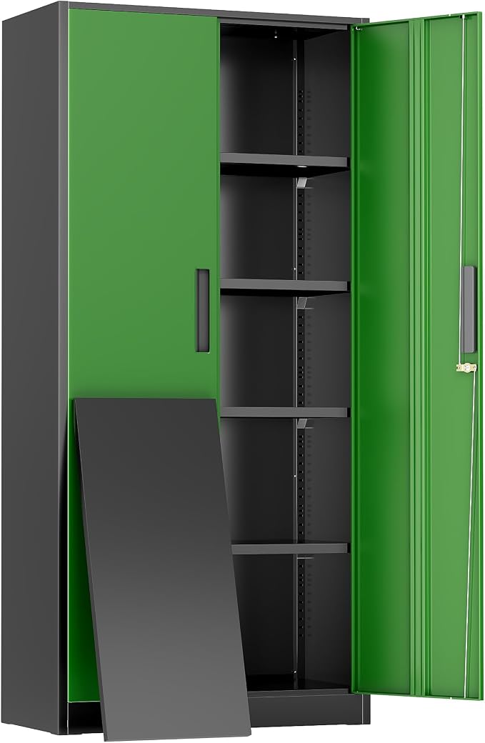 Greenvelly Metal Storage Cabinet, 72" Locking Metal Garage Storage Cabinet with Doors and 4 Adjustable Shelves, Lockable Steel Cabinet for Home Office, Garage, Shop, School (Green 32" W x 16" D)