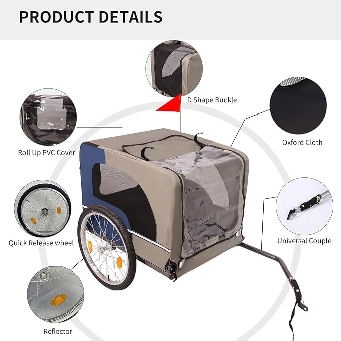 Dog Bike Trailer for Medium & Large Dogs, 88 Lbs Pet Bicycle Carrier with 20" Air-Filled Wheels, Suspension, Universal Hitch, Mesh Windows, Safety Flag, Reflectors, Foldable Steel Frame