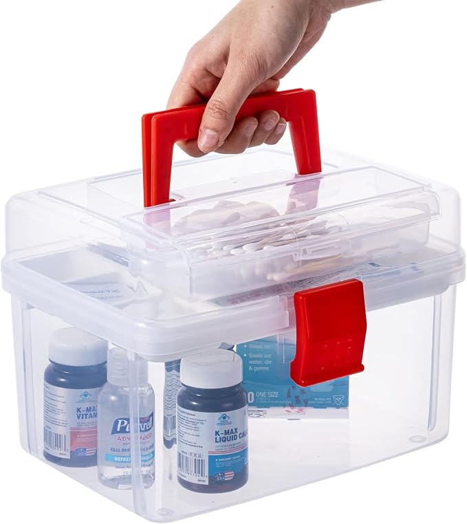 MyGift 10 Inch Clear First Aid Bin with Tray & Quick Access Lid, Red | Keep first aid or medical supplies organized in a clear bin with a detachable tray, quick-access lid flap and portable design