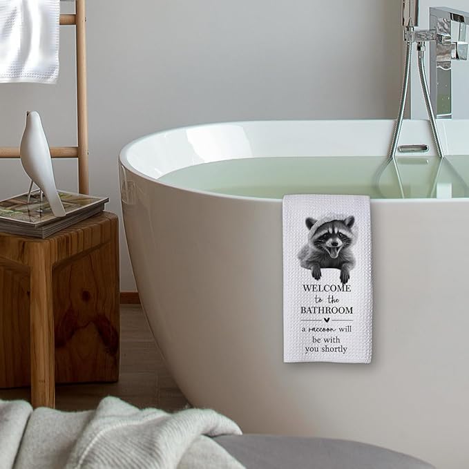 KIDEAR Funny Raccoon Bathroom Decor Welcome to The Bathroom Hand Towel,1 PCS Cute Raccoon Kitchen Towels for Toilet Wall Decorations,Cute Animal, Gifts for Women, Pet Owners Housewarming - A02