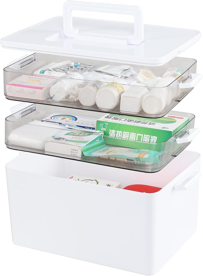 Begale 3-Tier Large Portable Medicine Cabinet Organizer with Handle, White | Plastic, First Aid Box, bpa free, ideal for home bathroom, travel, camping