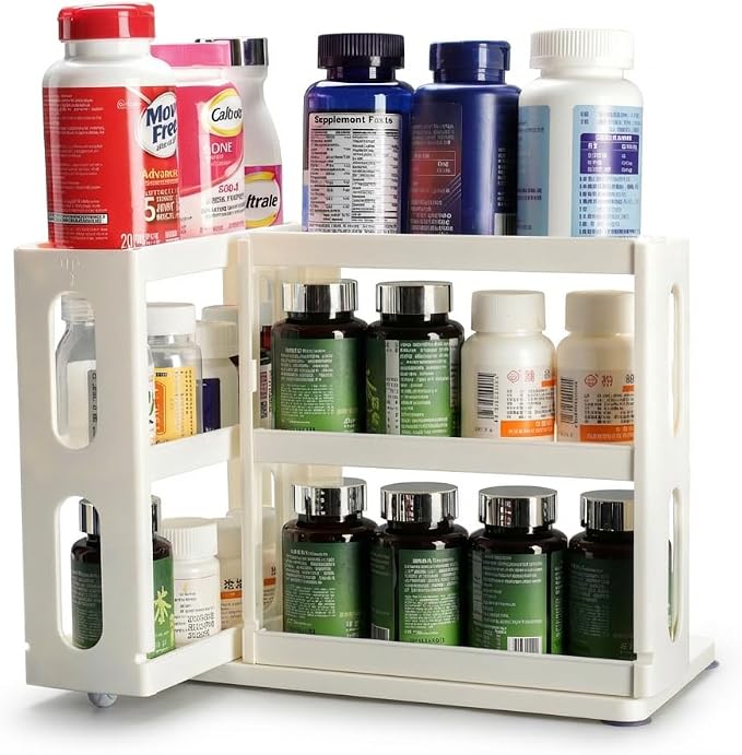 Dutiplus Medicine Organizer 2 Three-Decker Shelves Cabinet Storage Rack Organizer for Holding Vitamins, Supplements Cosmetics (9”H x 5.8”W x 10.4”D) (Natural White)