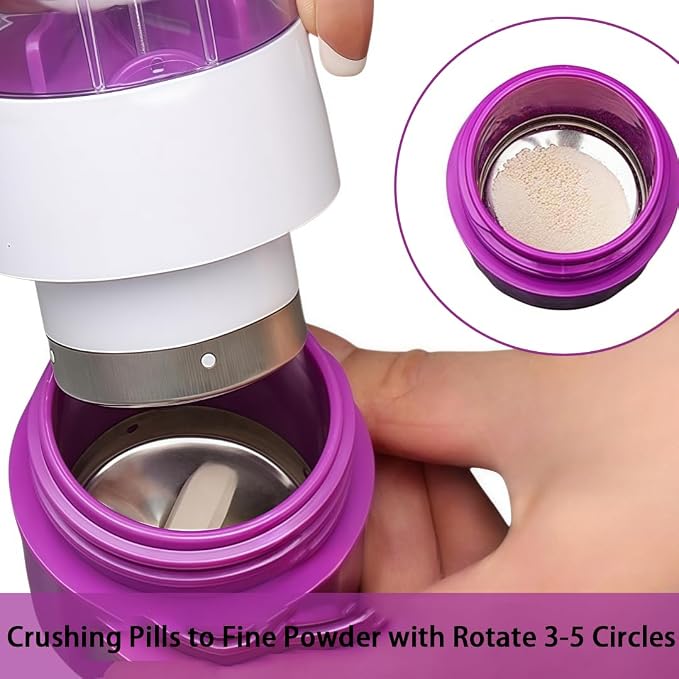 3-in-1 Pill Crusher and Cutter with Storage, BPA-Free Pill Grinder for Fine Powder, Stainless Steel Blade & Grinding Head, Portable Pill Splitter for Elderly, Pets, Travel(Purple)