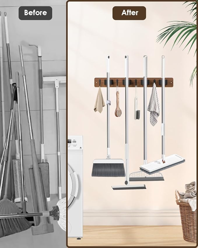 AceMining 2 Pack Broom Holder Wall Mount, 4 Holders 4 Hooks Mop Holder | Mop Holder Wall Mount and Broom Hanger for Garage, Laundry Room, Kitchen and Utility Storage