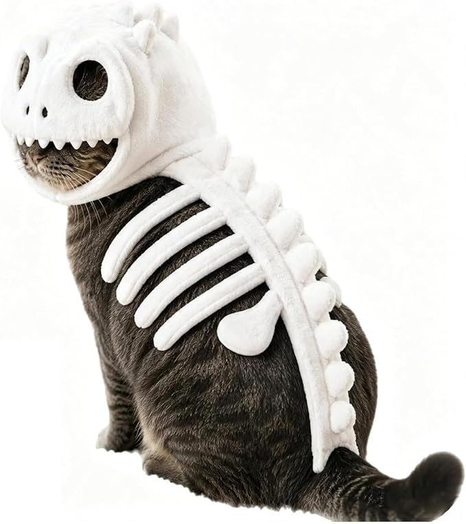Glow-in-the-Dark Dinosaur Skeleton Cat Costume (S) | Plush Halloween Pet Hood Outfit with Soft Fabric, Easy-On Design, Perfect for Party, Trick-or-Treat & Holiday Photo Fun