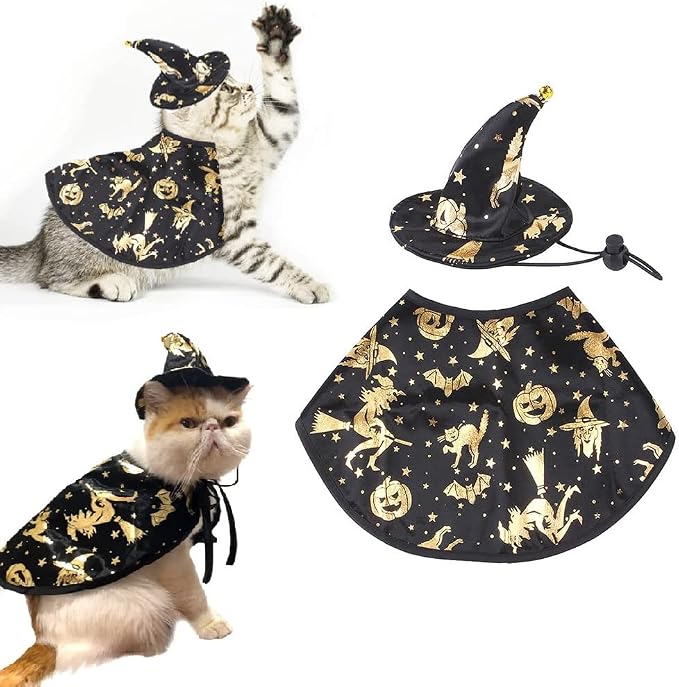 Estivaux Pet Halloween Costumes Dogs Cats Halloween Witch Pet Costume Cape Hat Halloween Vampire Cloak Wizard Cats Cosplay Clothes Apparel for Small Dogs Cats Halloween Party Decorations