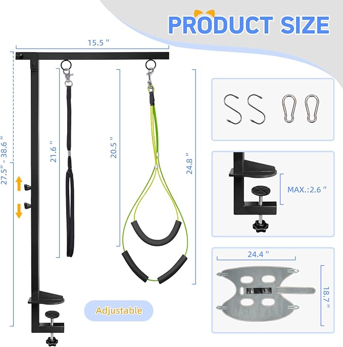 Dog Grooming Arm with Hammock, Height 27"-38", Size M, Grey | Foldable table arm with no-sit holder and restraint loops; ideal for small and medium pets at home or in salons.