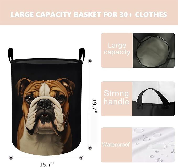 Bulldog Laundry Basket Hamper 19.7"x15.8", Organizer Bins Gifts for Women Men Adults, Cute Dog Foldable Waterproof Oxford Clothes Storage Bucket for Bedroom Bathroom Decor