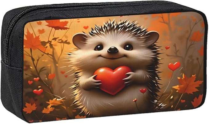 Hedgehog Heart Autumn Large Pencil Case, Durable Pen Bag Zipper Organizer Pouch for Office Travel for Women Men