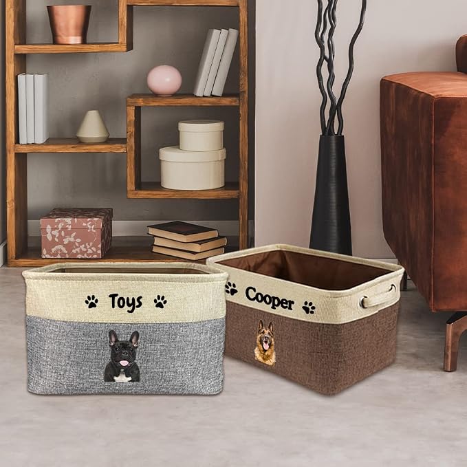 Custom Dog Basket for Toys Collapsible Storage Bin Grey Brow Pink Purple Blue Rectangular Pet Storage Organizer Box with Handles Medium Customized Name & Real Dog Breed