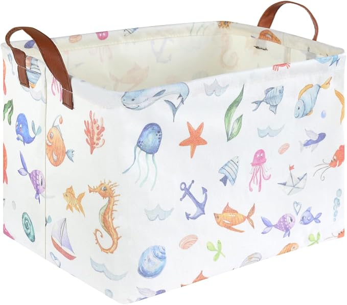 Rectangle Fish Basket,Ocean Animals Waterproof Kids foldable Laundry Basket,Nursery Hamper,Boys and Girls Hamper,kids Room decor, kids toy organizer,Gift basket(Ocean Animals)