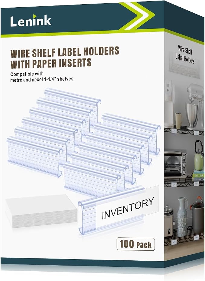 100Pcs Wire Shelf Label Holders with 100Pcs Label Paper Inserts, Plastic Wire Rack Label Holder Compatible with Metro and Nexel 1-1/4in Shelves, Label Area 3in Lx1.25in H