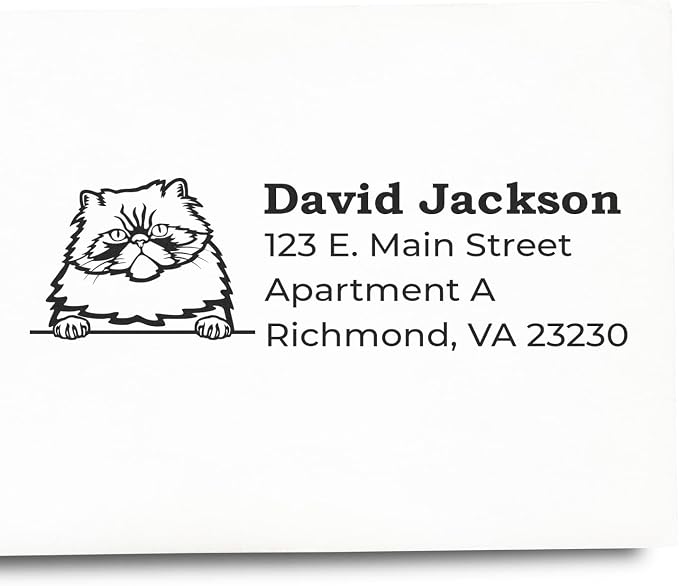 Personalized Persian Cat Address Stamp for Lunch Bags & Mail | Custom Decorative Return Stamper with Colorpoint Kitten Design | Handcrafted Self-Inking Name Labels for Home & Office, 7/8 X 2-1/4