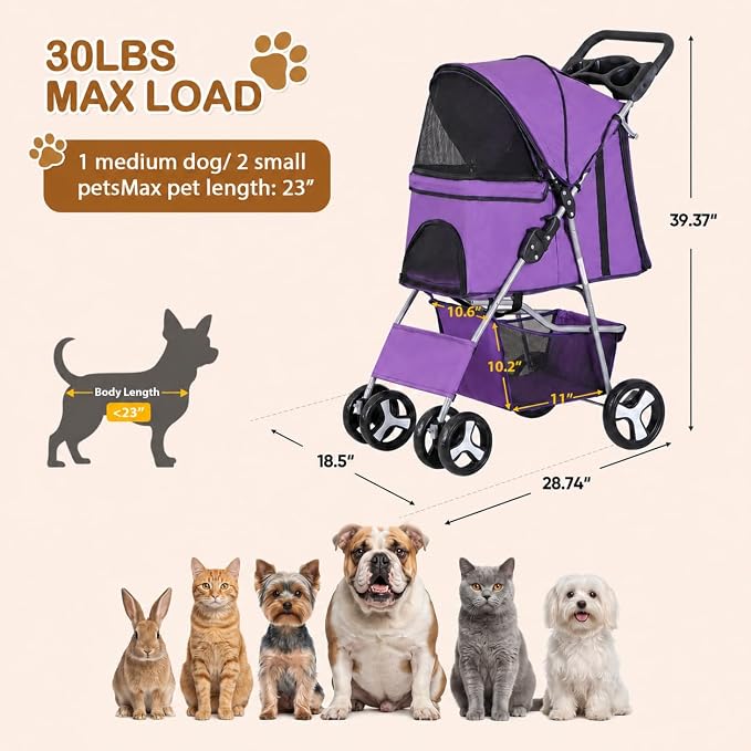 Pet Stroller 4 Wheels Dog Cat Stroller for Small Medium Dog Cats Carrier Jogger Travel Foldable Puppy with Storage Basket and Cup Holder (Purple)