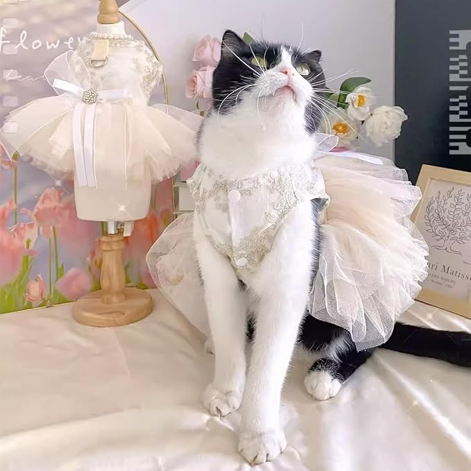 Princess Dog Wedding Dress - Embroidered Gown with Fluffy Tutu Skirt & Leash D-Ring, Formal Party Outfit for Small Dogs & Cats Like Chihuahua Yorkie (White Bow-Princess, Small)