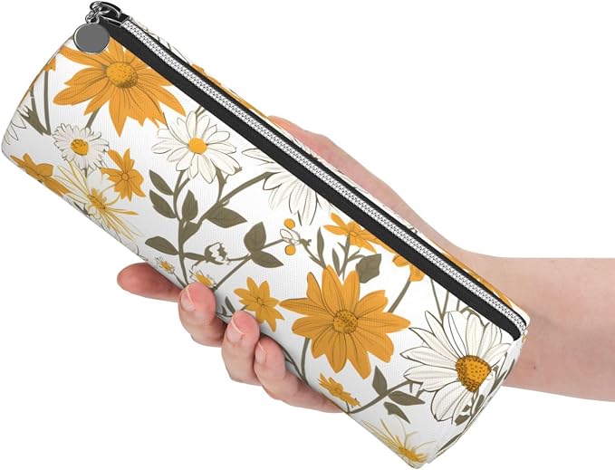 OSAM SPACE Leather Pencil Case Round Pencil Bag Daisy Floral Pen Organizer Holder Portable Zipper Pouch Cute School Supplies for Girls Boys Study Office