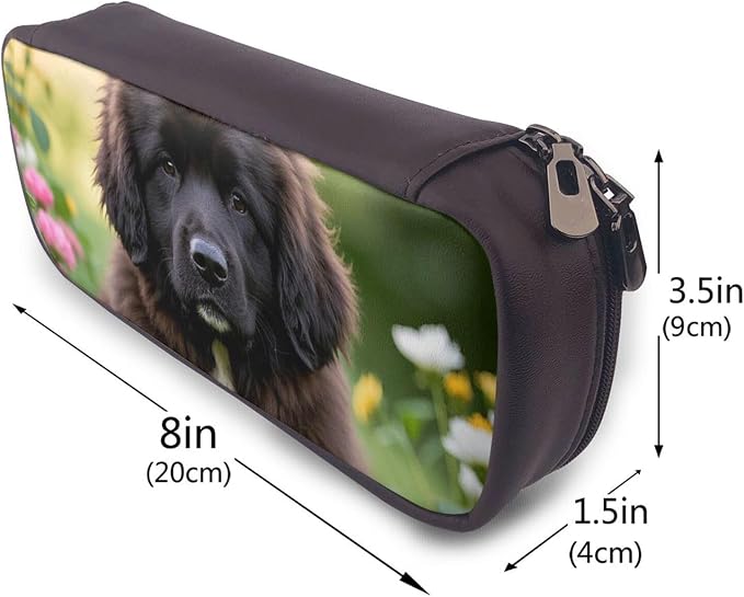 Leather Pen Case with Zipper - Aesthetic Pen Holder Cute Pet Newfoundland Dog Pencil Case for Women & Men - Handcrafted Pencil Bag Multi-Functional Travel Cosmetic Case for Work Office Tool Pouch