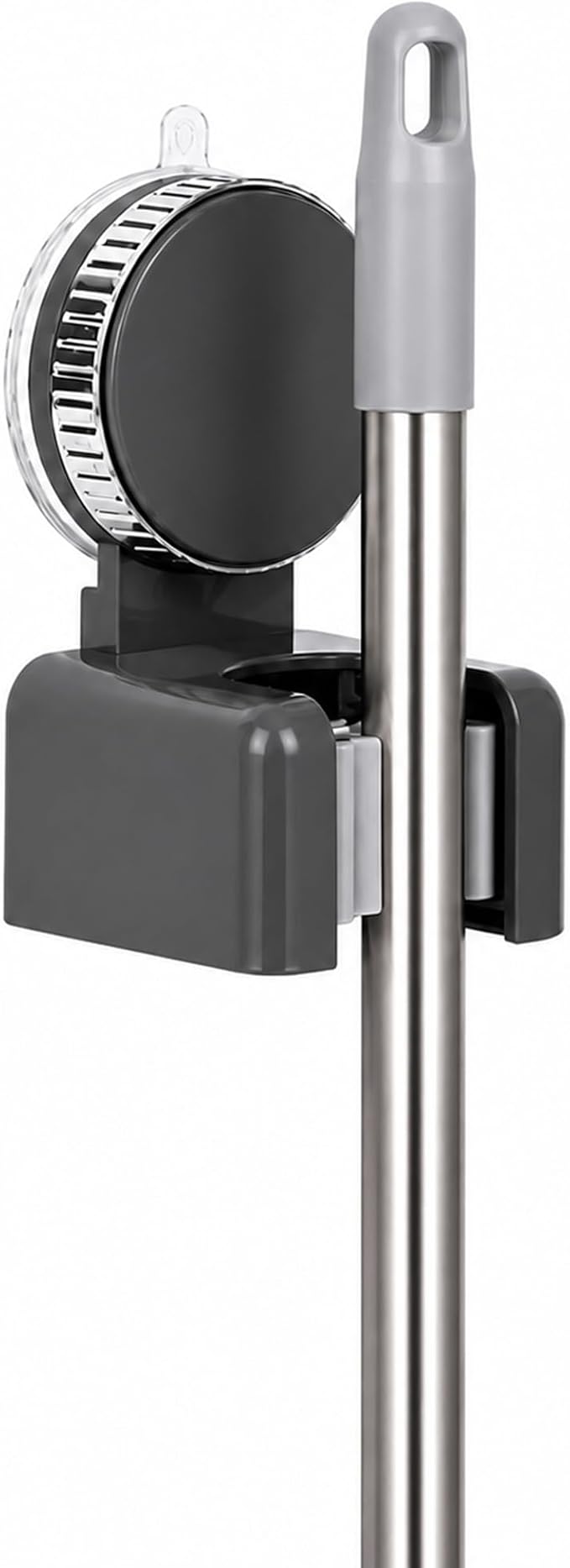 Suction Cup Mop and Broom Holder Wall Mount, Single Slot, Gray | No Drill, Rotating Mop Gripper and Broom Hanger, For Bathroom, Kitchen, Laundry Room