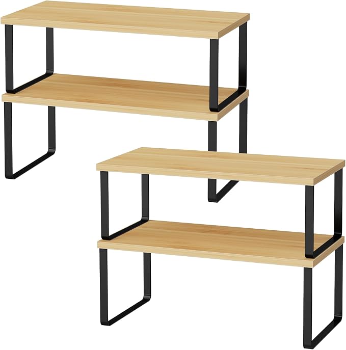 OGEMXU Cabinet Shelf Organizers, 15.7 inches Large Kitchen Counter Shelf, Set of 4 Wood Kitchen Pantry Organizer, Storage Shelves for Countertop, Spice Rack, Stackable, Expandable, Metal Black, Nature