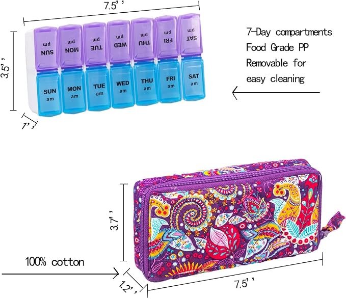 Weekly Pill Organizer 2 Times a Day, Zumd Pill Box 7 Day with Cute Quilted Fabric Zipper Case, Travel Pill Case Am Pm for Vitamin Medicine Organizer
