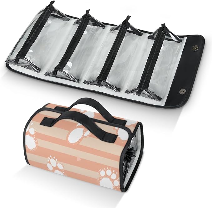 Dog Paws Makeup Bag for Women Hanging Roll-Up Travel Organizer Toiletry Kit with 4 Removable Compartments, Cat Pet Paw Animal