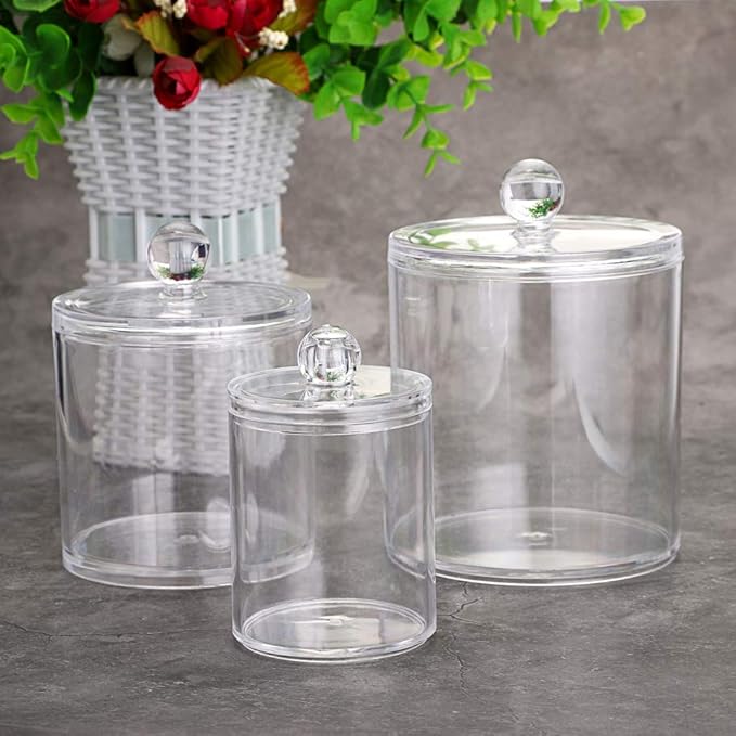 Hipiwe Set of 3 Cotton Ball and Swab Organizer Acrylic Q-Tips Jar with Lid | Clear Apothecary Jar Makeup Organizer Holder, Bathroom Vanity Storage Canister for Cotton Rounds and Pads