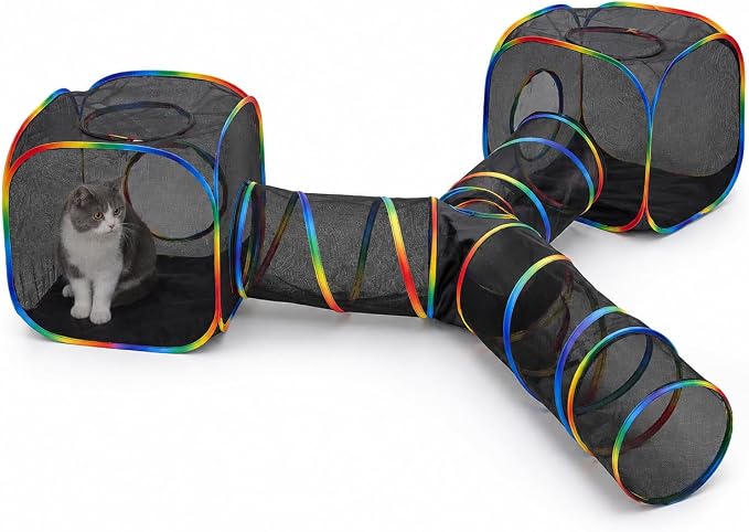 Outdoor Rainbow Cat Enclosures Playground,Outside House for Indoor Cats Include Portable Tent, 3 Way with 2 Cube Tunnel, for Kitty and Small Animals,Within Storage Bag