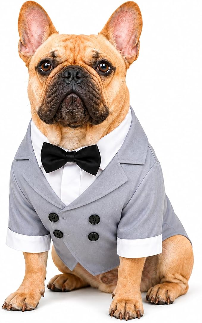 Lovelonglong Bulldog Costume Dog Suit Formal Tuxedo with Black Bow Tie Wedding Clothes for Pugs/French Bulldog/English Bulldog/American Pit Bull Gray B-S