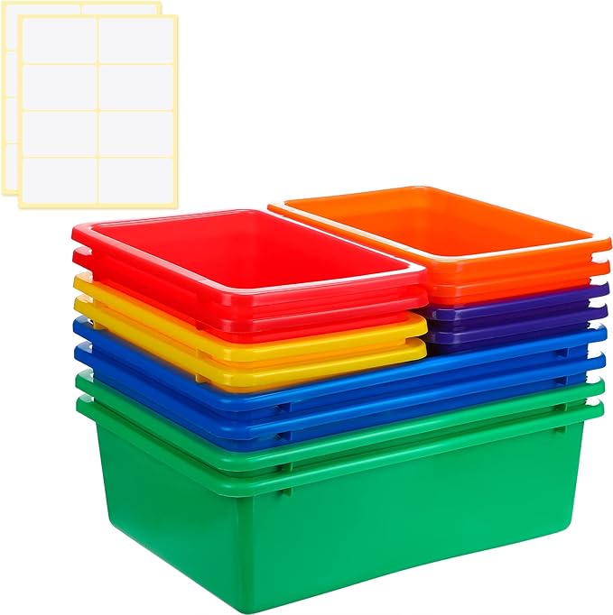 Zonon 12 Pcs Plastic Cubby Bins Office Storage Container Storage Bins Plastic Organization with 1 Pack Self Adhesive Label for Library Office Home Nursery(Bright Colors)