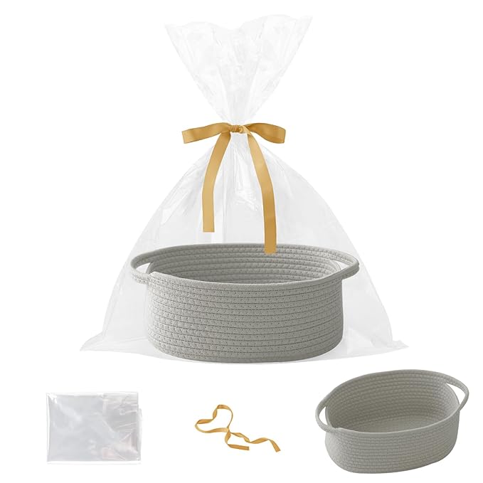 Woven Rope Basket - Baby Gift Basket with Bag & Ribbon, Grey | Cotton rope with handle, 12 x 8 x 5 in, gift bag and ribbon, for baby shower, birthday, toy storage, nursery, shelf decor