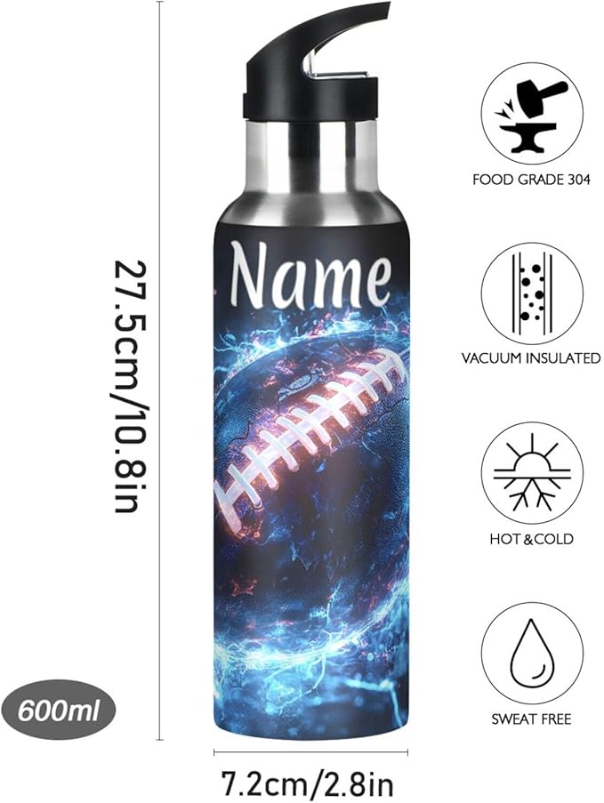 Custom Name American Football Blue Lightning Water Bottle with Straw Lid Kids Insulated Stainless Steel Water Flask Sports, 20 Oz Hot Cold