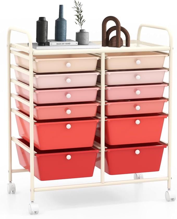 12 Drawer Rolling Storage Cart, Art Cart Organizer on Wheels, Mobile Utility Cart with Drawers, Multipurpose Craft Drawers for Home Office School Classroom (Mixed Pink)