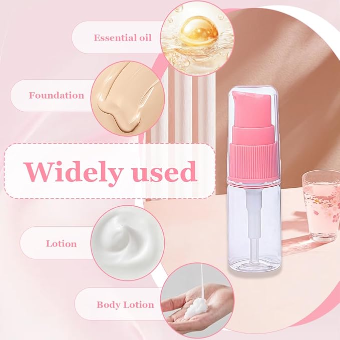 6 Pack Empty 10ml Plastic Pump Bottles Cream Shampoo Lotion Pump Bottle Refillable Sample Travel Bottles Toiletries Liquid Container Jar Pot Vial for Cosmetic Make-up (Transparent)
