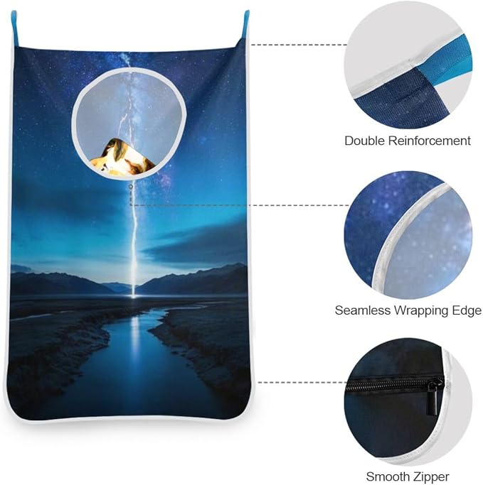 1PC Hanging Laundry Hamper Bag Over the Door Laundry Hamper Wall Hamper Large Dirty Clothes Hamper with Stainless Steel Hooks 29.5x20Inch Lightning Starry Sky River Deep Blue