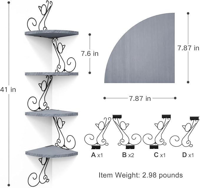 Alsonerbay 4-Tier Cat Shaped Corner Floating Shelf Wall Mount, Grey | Curved solid wood, 35.2 lbs total capacity, reinforced metal bracket, rustic decor, for bedroom, living room & kitchen
