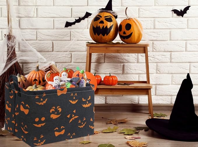 Rectangular Halloween Basket for Boys and Girls Kids Trick or Treat Pumpkin Basket for Halloween Parties Cute Storage Bin Organizer Box Room Decor(Black Pumpkin Face)