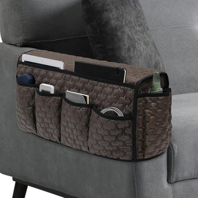 TV Remote Control Holder for Armchair, Arm Chair Caddy for Recliner 14 Pockets, Non-Slip Sofa Armrest Organizer Storage for Cell Phone TV Remote Control Magazines (Brown)