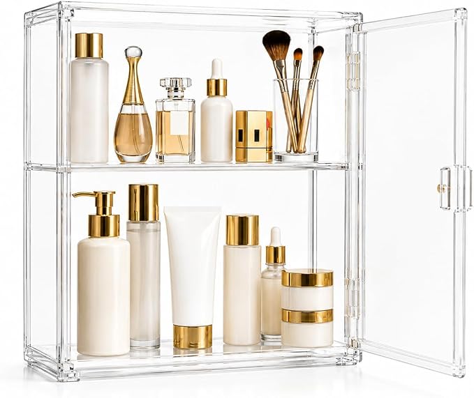 2-Tier Acrylic Display Case with Magnetic Door, Clear Makeup & Skincare Organizer for Bathroom Countertop, Dustproof Vanity Storage Cabinet for Cosmetics, Perfume & Beauty Products