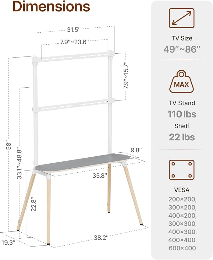 4-Leg Easel TV Stand for 49-86" TVs, 110 lbs, White | Height-adjustable floor TV stand, storage shelf, cable management and protective pads for living room, office or school